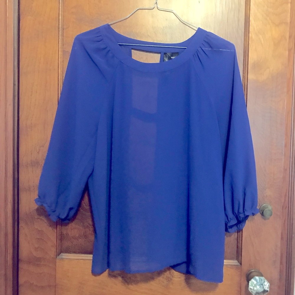 Beautiful cobalt blue blouse, puffy 3/4 sleeve, unique open back